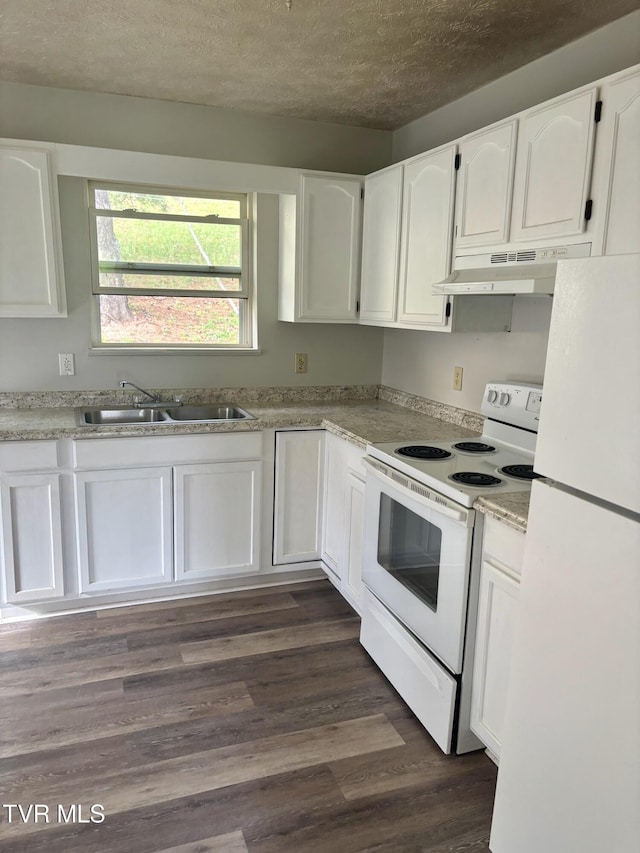 161 Jack Rival Way, Dungannon, VA 24245 - kitchen with white appliances, white cabinetry, under cabinet range hood, a sink, and a textured ceiling