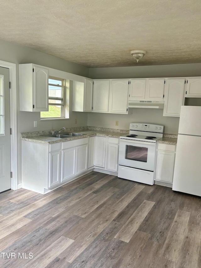 161 Jack Rival Way, Dungannon, VA 24245 - kitchen featuring white appliances, under cabinet range hood, white cabinetry, a sink, and a textured ceiling