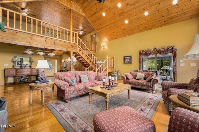 203 Bear Ridge Dr, Butler, TN 37640 - living room featuring high vaulted ceiling, wood ceiling, stairs, recessed lighting, and ceiling fan