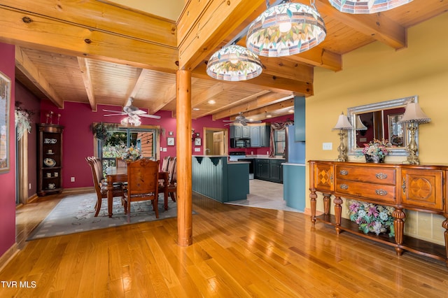 203 Bear Ridge Dr, Butler, TN 37640 - dining space with a ceiling fan, light wood-type flooring, and wooden ceiling with exposed beams