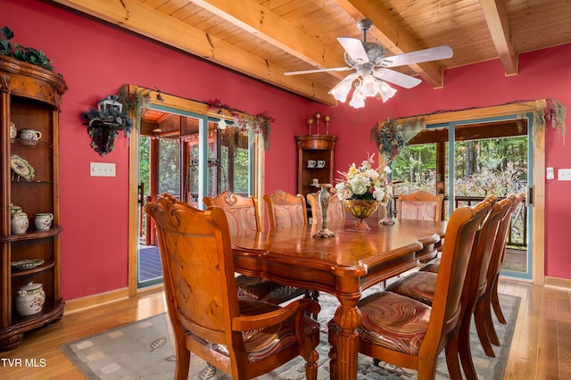 203 Bear Ridge Dr, Butler, TN 37640 - dining room with wooden ceiling with exposed beams, wood finished floors, ceiling fan, and baseboards