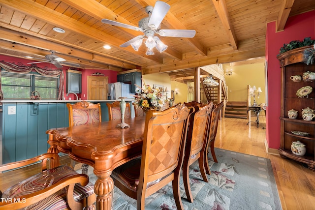 203 Bear Ridge Dr, Butler, TN 37640 - dining space with a ceiling fan, wood ceiling with exposed beams, light wood finished floors, and stairway