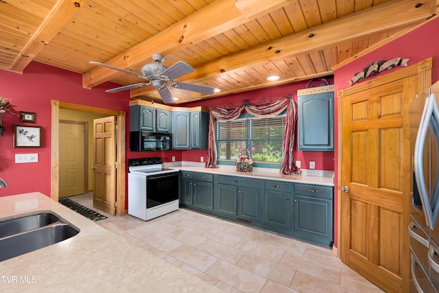 203 Bear Ridge Dr, Butler, TN 37640 - kitchen with electric stove, black microwave, a sink, wood ceiling with exposed beams, and light countertops