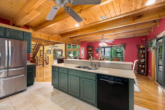 203 Bear Ridge Dr, Butler, TN 37640 - kitchen featuring freestanding refrigerator, dishwasher, a ceiling fan, a sink, and wooden ceiling with exposed beams
