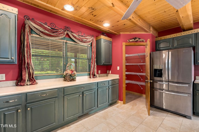 203 Bear Ridge Dr, Butler, TN 37640 - kitchen featuring stainless steel fridge, wood ceiling with exposed beams, light tile patterned flooring, and light countertops