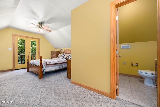 203 Bear Ridge Dr, Butler, TN 37640 - carpeted bedroom featuring access to outside, vaulted ceiling, baseboards, and ceiling fan