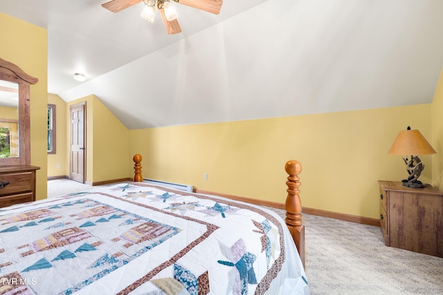 203 Bear Ridge Dr, Butler, TN 37640 - bedroom featuring carpet, a baseboard radiator, lofted ceiling, baseboards, and a ceiling fan