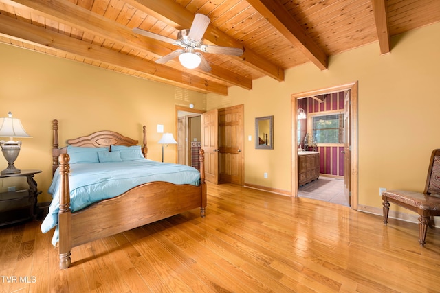 203 Bear Ridge Dr, Butler, TN 37640 - bedroom with wooden ceiling with exposed beams, light wood-type flooring, baseboards, and ensuite bathroom