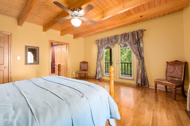 203 Bear Ridge Dr, Butler, TN 37640 - bedroom with wood ceiling with exposed beams, access to outside, light wood-type flooring, ceiling fan, and baseboards