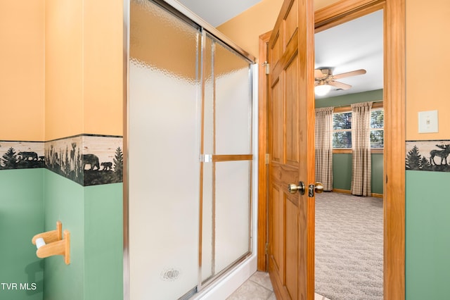 203 Bear Ridge Dr, Butler, TN 37640 - bathroom featuring a ceiling fan and a shower stall