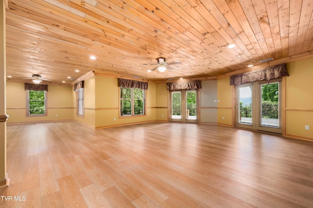 203 Bear Ridge Dr, Butler, TN 37640 - unfurnished living room with ceiling fan, wooden ceiling, baseboards, plenty of natural light, and light wood-style flooring