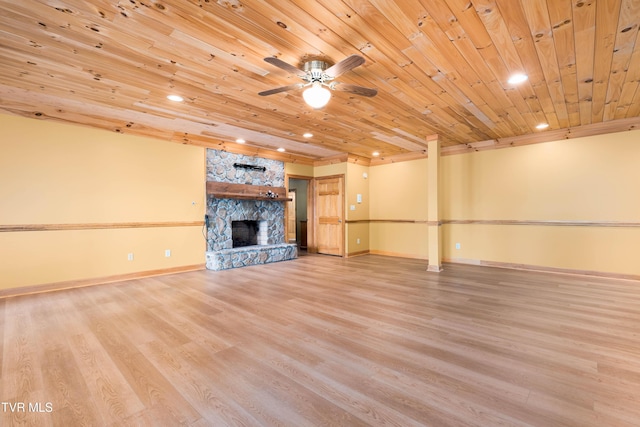 203 Bear Ridge Dr, Butler, TN 37640 - unfurnished living room with a fireplace, recessed lighting, wood finished floors, wood ceiling, and baseboards