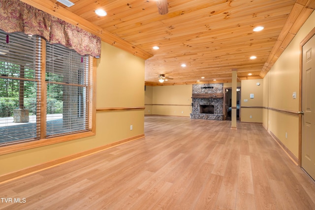 203 Bear Ridge Dr, Butler, TN 37640 - unfurnished living room with wood ceiling, light wood-style flooring, recessed lighting, a fireplace, and baseboards
