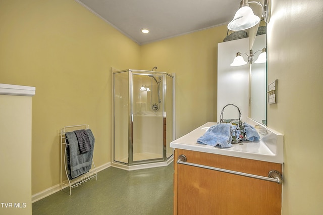 4619 Merrywood Ave, Kingsport, TN 37664 - full bathroom with a stall shower, crown molding, heating unit, and vanity