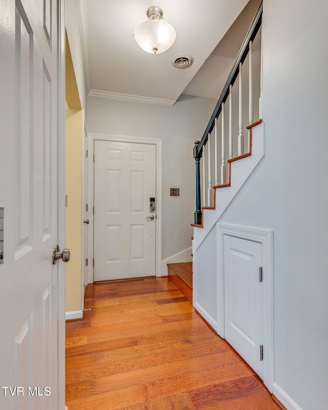 1101 E 8th Ave Unit 5, Johnson City, TN 37601 - foyer with stairway, crown molding, light wood-style floors, and baseboards