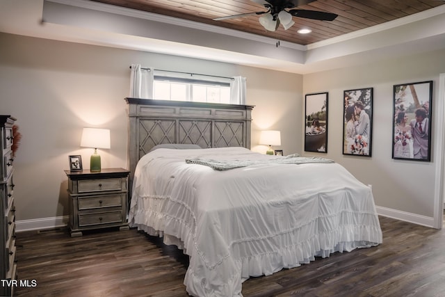 2166 Old Stage Rd, Tusculum, TN 37745 - bedroom with crown molding, wooden ceiling, baseboards, a tray ceiling, and dark wood-type flooring