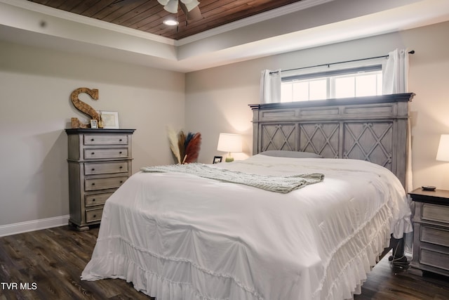 2166 Old Stage Rd, Tusculum, TN 37745 - bedroom featuring crown molding, wood ceiling, a raised ceiling, baseboards, and dark wood finished floors