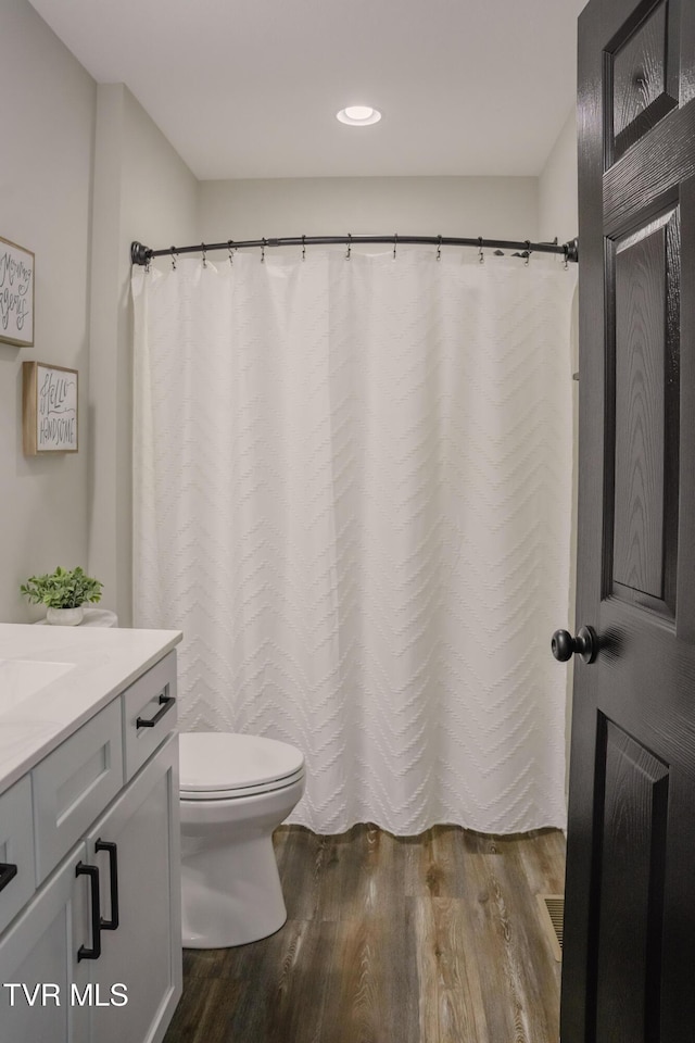 2166 Old Stage Rd, Tusculum, TN 37745 - bathroom featuring wood finished floors, toilet, vanity, and recessed lighting