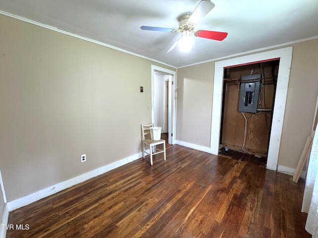 142 Sheryl Turner Rd, Big Stone Gap, VA 24219 - unfurnished bedroom with electric panel, wood finished floors, ornamental molding, a closet, and baseboards