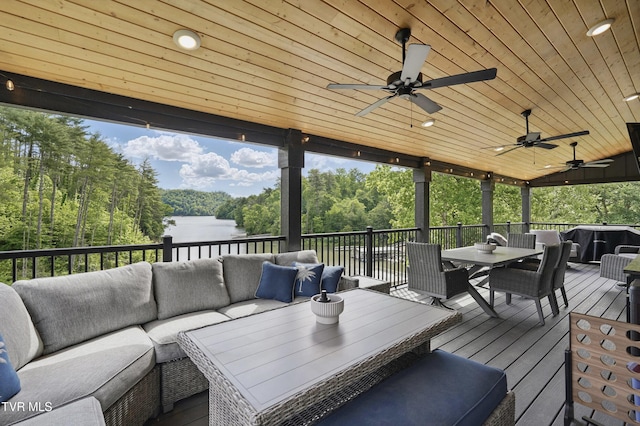 273 Campbell Rd, Butler, TN 37640 - deck featuring outdoor lounge area, outdoor dining space, a water view, and ceiling fan