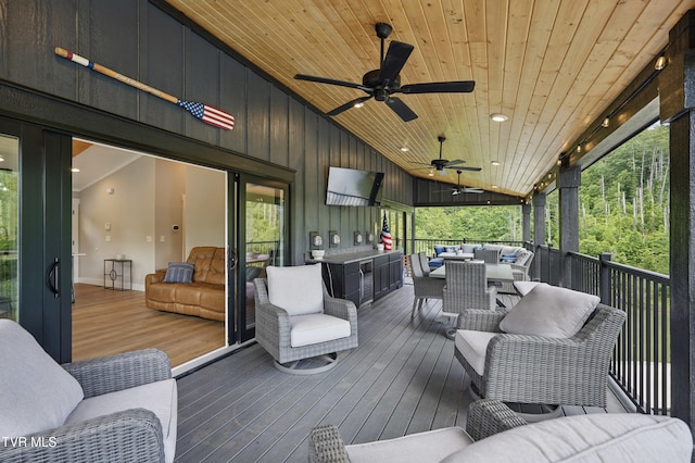 273 Campbell Rd, Butler, TN 37640 - wooden deck featuring outdoor dining area, an outdoor hangout area, and ceiling fan