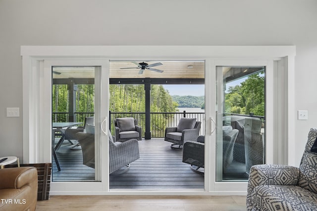 273 Campbell Rd, Butler, TN 37640 - doorway to outside with wood finished floors and a ceiling fan