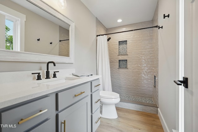 273 Campbell Rd, Butler, TN 37640 - bathroom featuring vanity, toilet, tiled shower, and wood finished floors