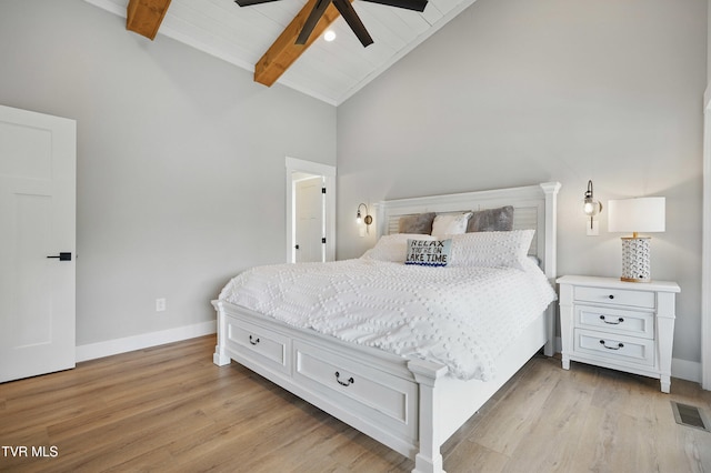 273 Campbell Rd, Butler, TN 37640 - bedroom featuring light wood finished floors, high vaulted ceiling, baseboards, a ceiling fan, and wood ceiling with exposed beams