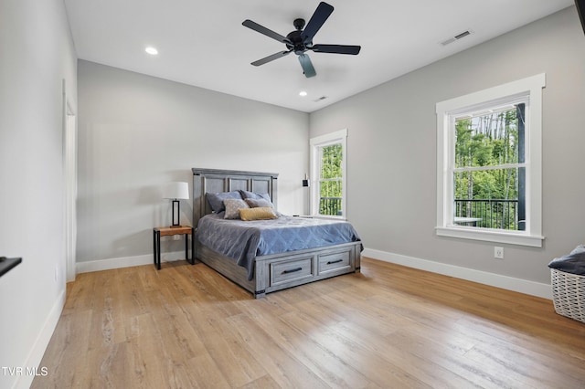 273 Campbell Rd, Butler, TN 37640 - bedroom with baseboards, light wood-type flooring, recessed lighting, and ceiling fan