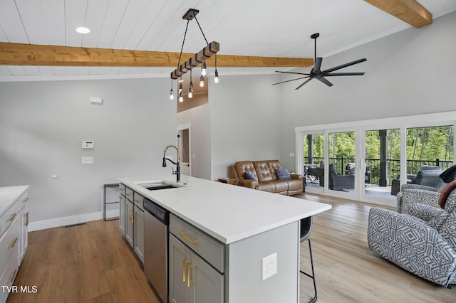 273 Campbell Rd, Butler, TN 37640 - kitchen with a sink, open floor plan, gray cabinets, stainless steel dishwasher, and beamed ceiling