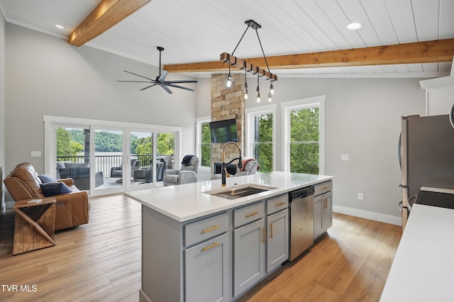 273 Campbell Rd, Butler, TN 37640 - kitchen featuring gray cabinetry, appliances with stainless steel finishes, a sink, open floor plan, and light countertops