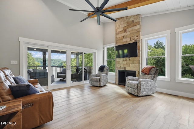 273 Campbell Rd, Butler, TN 37640 - living area with a fireplace, a ceiling fan, wood finished floors, high vaulted ceiling, and baseboards