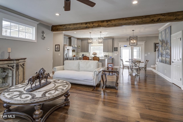 1 Celebration Ct, Johnson City, TN 37601 - living area featuring a ceiling fan, dark wood-type flooring, recessed lighting, crown molding, and baseboards