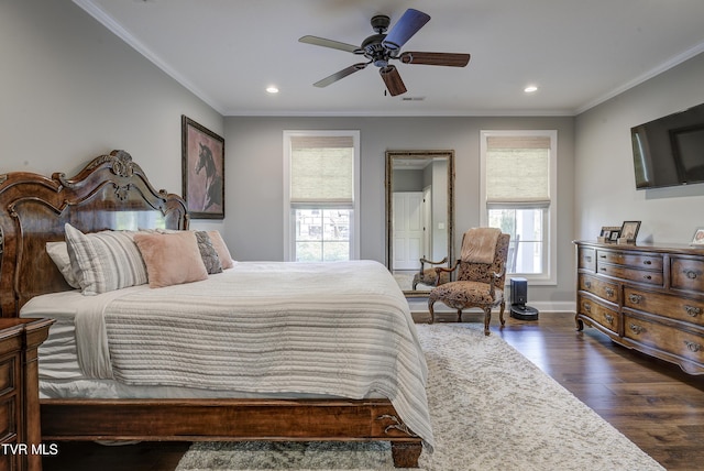 1 Celebration Ct, Johnson City, TN 37601 - bedroom featuring multiple windows, dark wood finished floors, crown molding, recessed lighting, and a ceiling fan