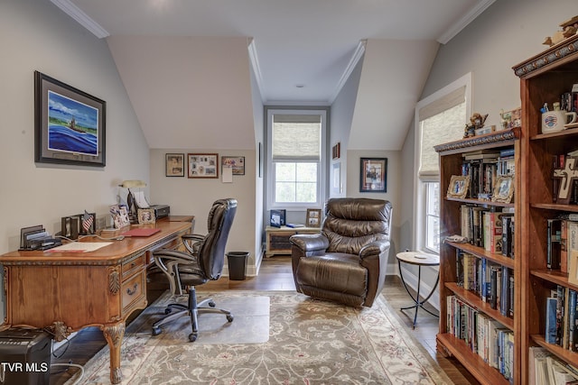 1 Celebration Ct, Johnson City, TN 37601 - office featuring crown molding, lofted ceiling, baseboards, and wood finished floors
