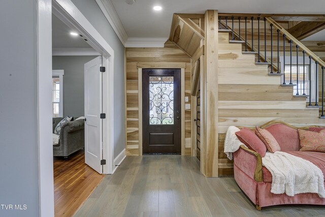 403 Catawba St, Erwin, TN 37650 - entryway featuring crown molding, stairway, wood finished floors, baseboards, and recessed lighting