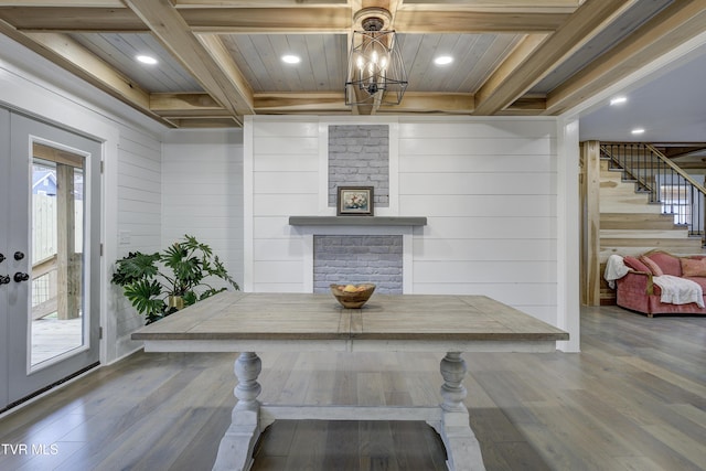 403 Catawba St, Erwin, TN 37650 - detailed view of wood ceiling with exposed beams, wood finished floors, recessed lighting, wooden walls, and a chandelier