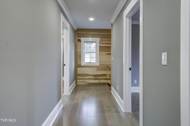 403 Catawba St, Erwin, TN 37650 - hall with ornamental molding, wooden walls, recessed lighting, wood finished floors, and baseboards