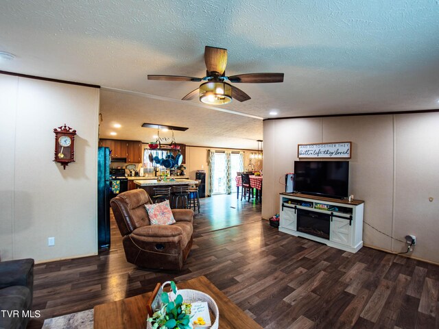 1029 Red Bud Ln, Rogersville, TN 37857 - living area with dark wood-style flooring, a ceiling fan, and a textured ceiling