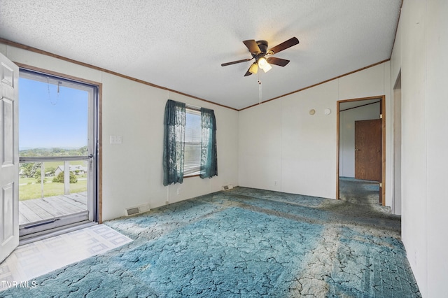 438 Horace Dillow Rd, Limestone, TN 37681 - unfurnished room featuring ornamental molding, ceiling fan, healthy amount of natural light, carpet floors, and lofted ceiling