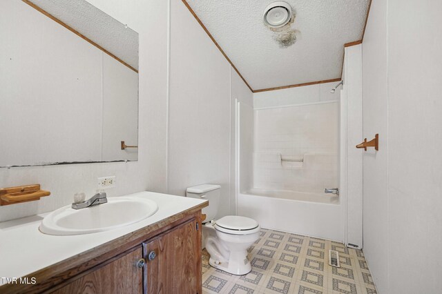 438 Horace Dillow Rd, Limestone, TN 37681 - bathroom with toilet, vanity, a textured ceiling, shower / washtub combination, and tile patterned floors