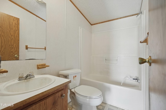 438 Horace Dillow Rd, Limestone, TN 37681 - full bath with vanity, toilet, a textured ceiling, ornamental molding, and  shower combination