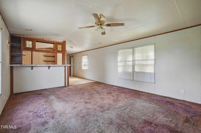 438 Horace Dillow Rd, Limestone, TN 37681 - unfurnished living room with light carpet, a ceiling fan, and vaulted ceiling