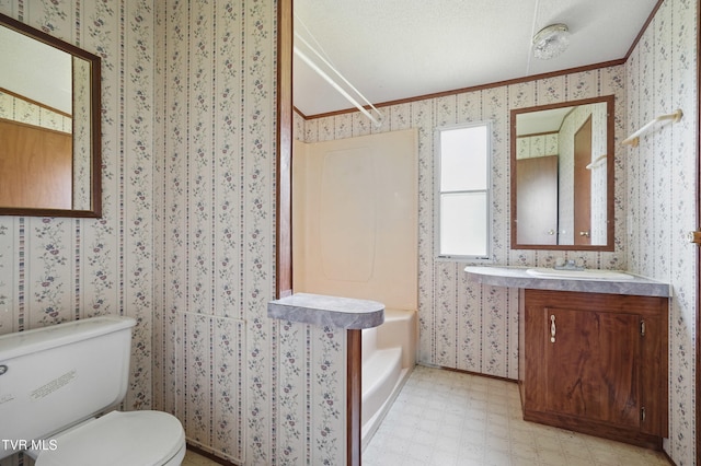438 Horace Dillow Rd, Limestone, TN 37681 - bathroom with tile patterned floors, bathing tub / shower combination, wallpapered walls, crown molding, and toilet