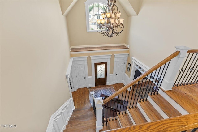 114 Highland Gate Dr, Johnson City, TN 37615 - foyer featuring a chandelier, wood finished floors, a towering ceiling, and stairs