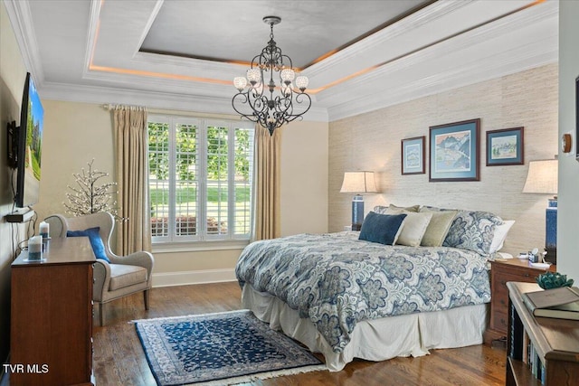 114 Highland Gate Dr, Johnson City, TN 37615 - bedroom featuring a tray ceiling, a chandelier, baseboards, crown molding, and wood finished floors