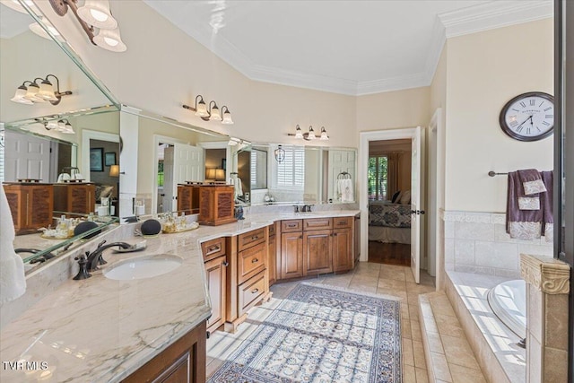 114 Highland Gate Dr, Johnson City, TN 37615 - bathroom with tile patterned floors, double vanity, a garden tub, ensuite bathroom, and crown molding