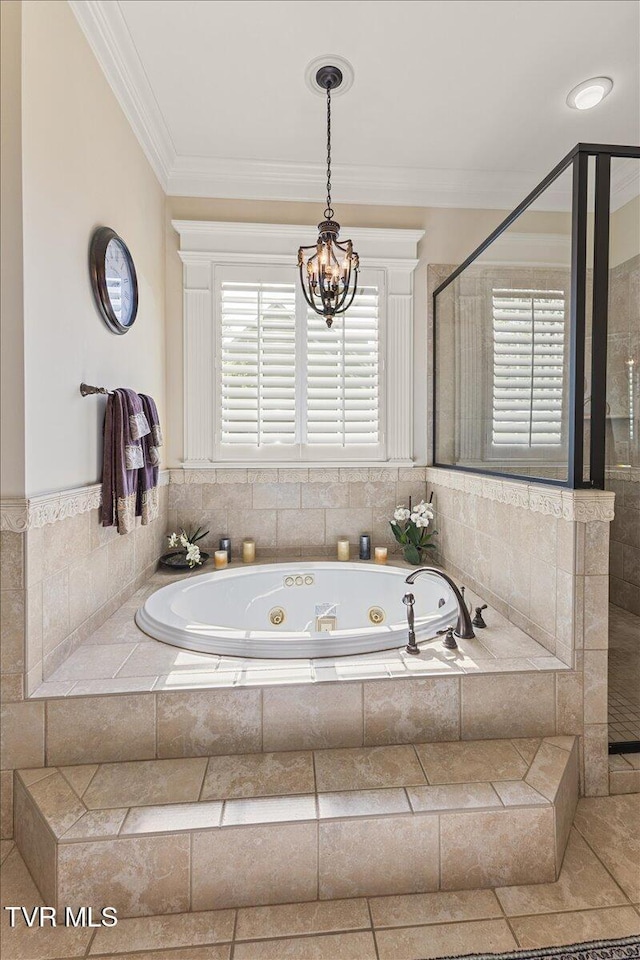 114 Highland Gate Dr, Johnson City, TN 37615 - full bath with a shower stall, a chandelier, ornamental molding, and a jetted tub