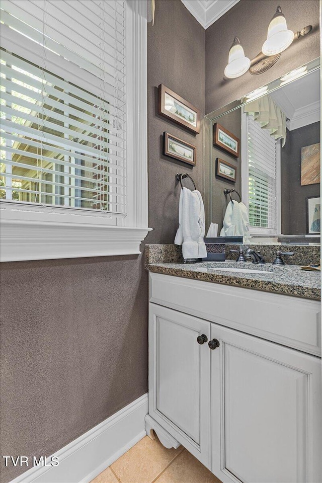 114 Highland Gate Dr, Johnson City, TN 37615 - bathroom with crown molding, tile patterned flooring, vanity, and baseboards