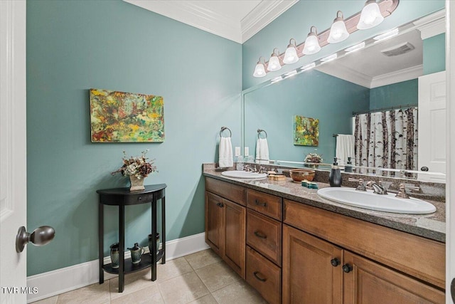 114 Highland Gate Dr, Johnson City, TN 37615 - bathroom with tile patterned flooring, crown molding, double vanity, and baseboards